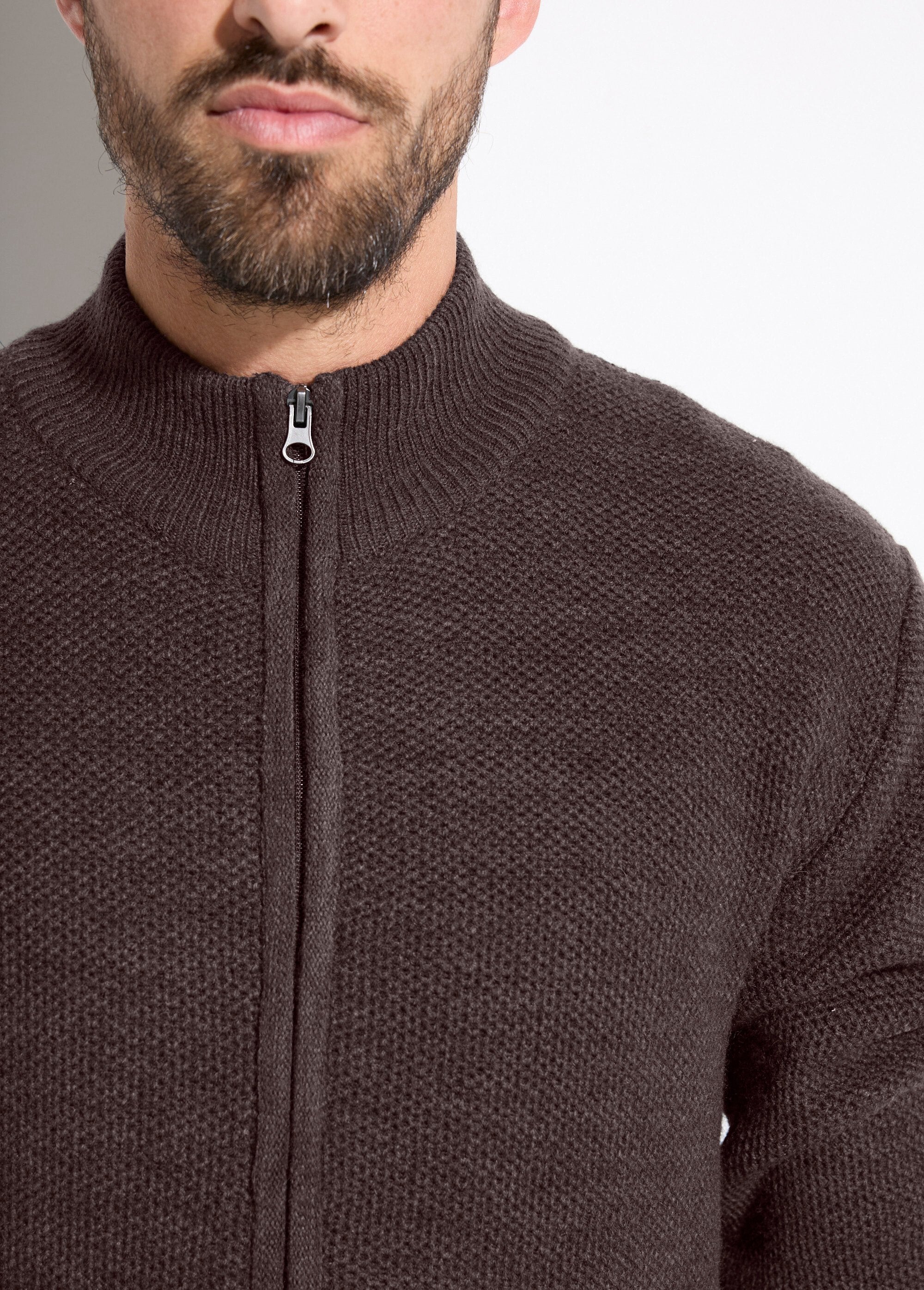Zipped_cardigan_with_high_collar_in_heathered_wool_knit_Brown_DE1_slim