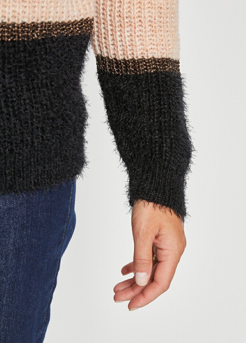 Hairy_knit_sweater_with_striped_effect_and_round_neck_Ecru_and_brown_and_black_DE2_slim