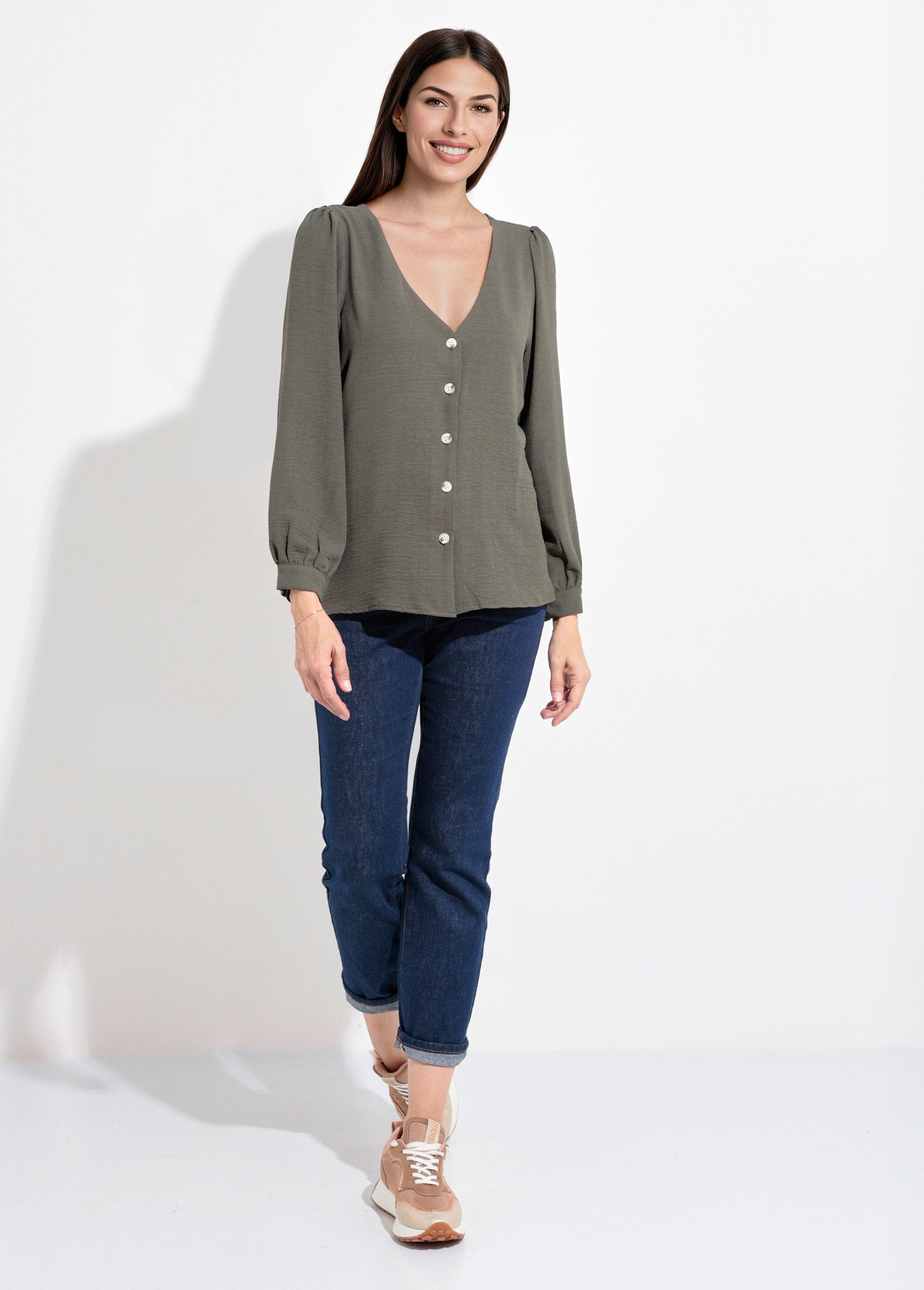 Buttoned,_embossed_tunic_with_V-neck_Khaki_SF1_slim