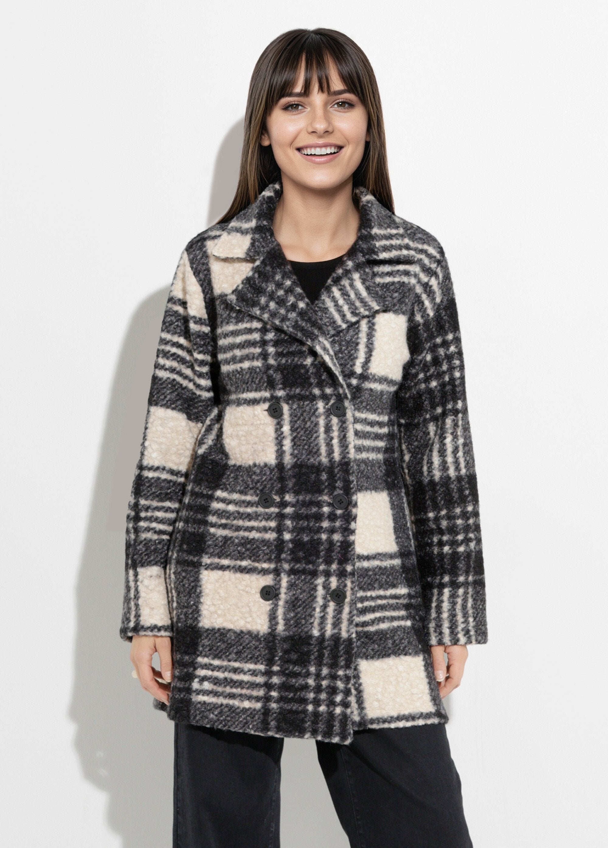 Long_plaid_pea_coat_in_a_bouclé_wool_style_Black_and_ecru_FA1_slim