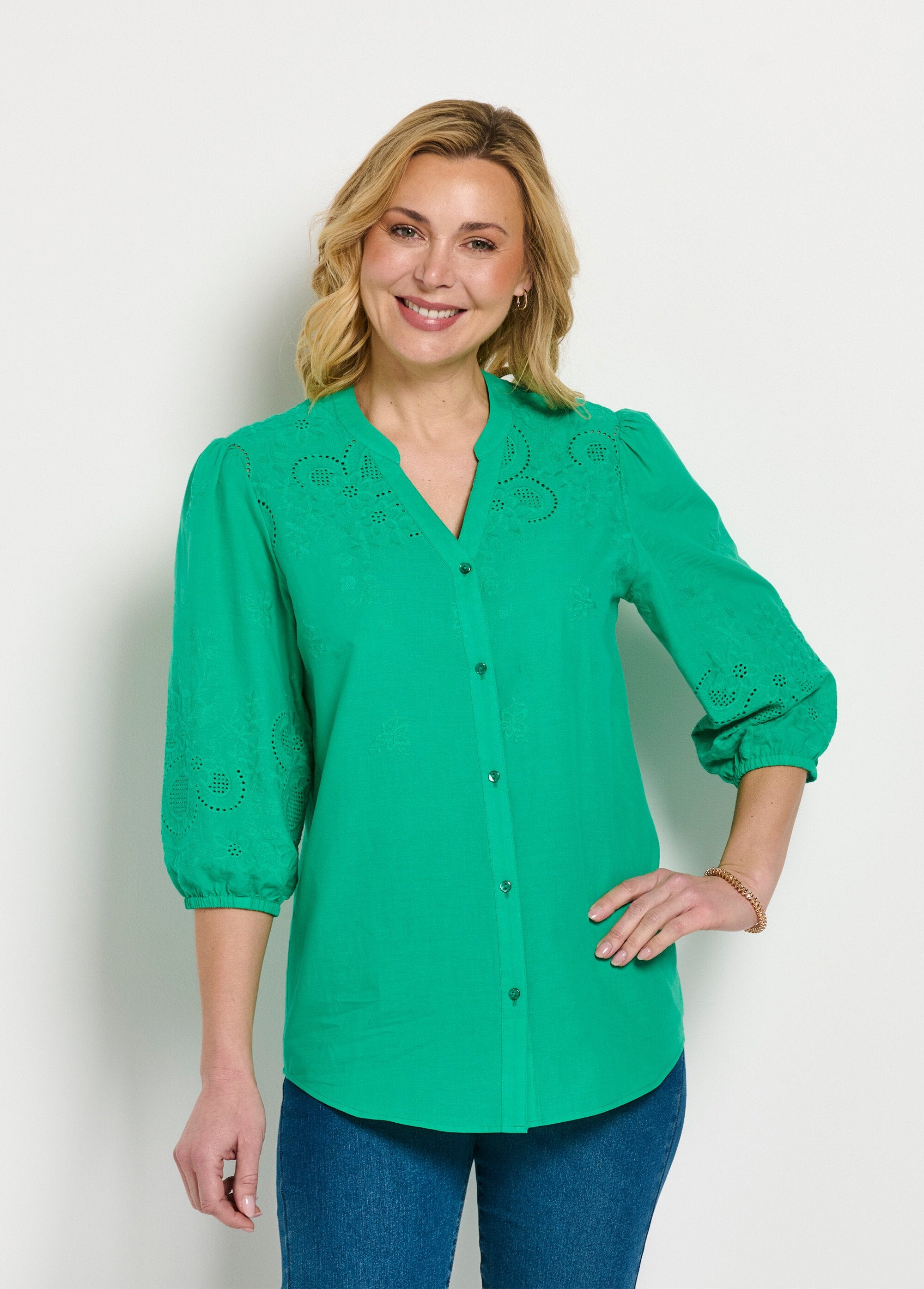 Long_embroidered_cotton_blouse_with_3/4_sleeves_Green_FA1_slim