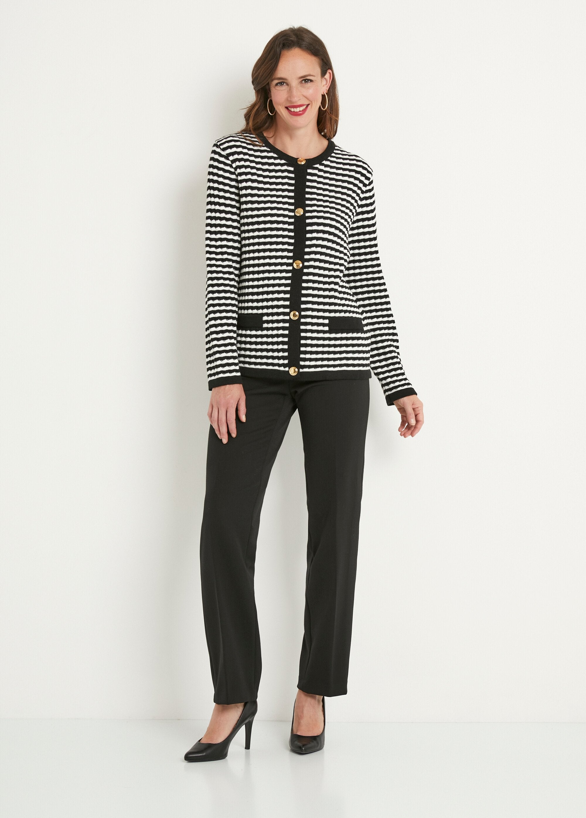 Striped_button-down_cardigan_with_round_collar_and_gold_buttons_Black_and_ecru_SF1_slim