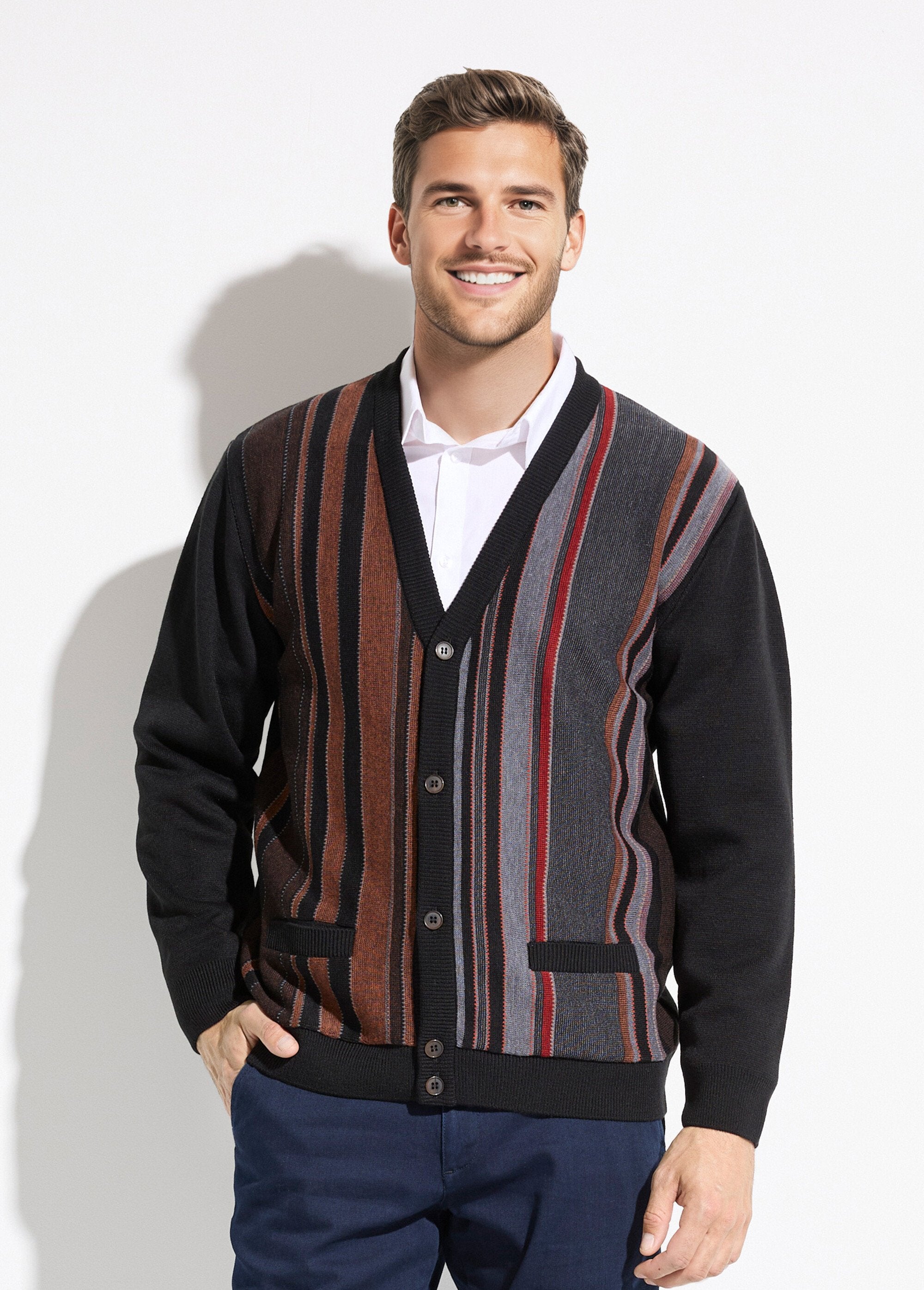V-neck_buttoned_cardigan_with_jacquard_wool_stripes_Black_FA1_slim