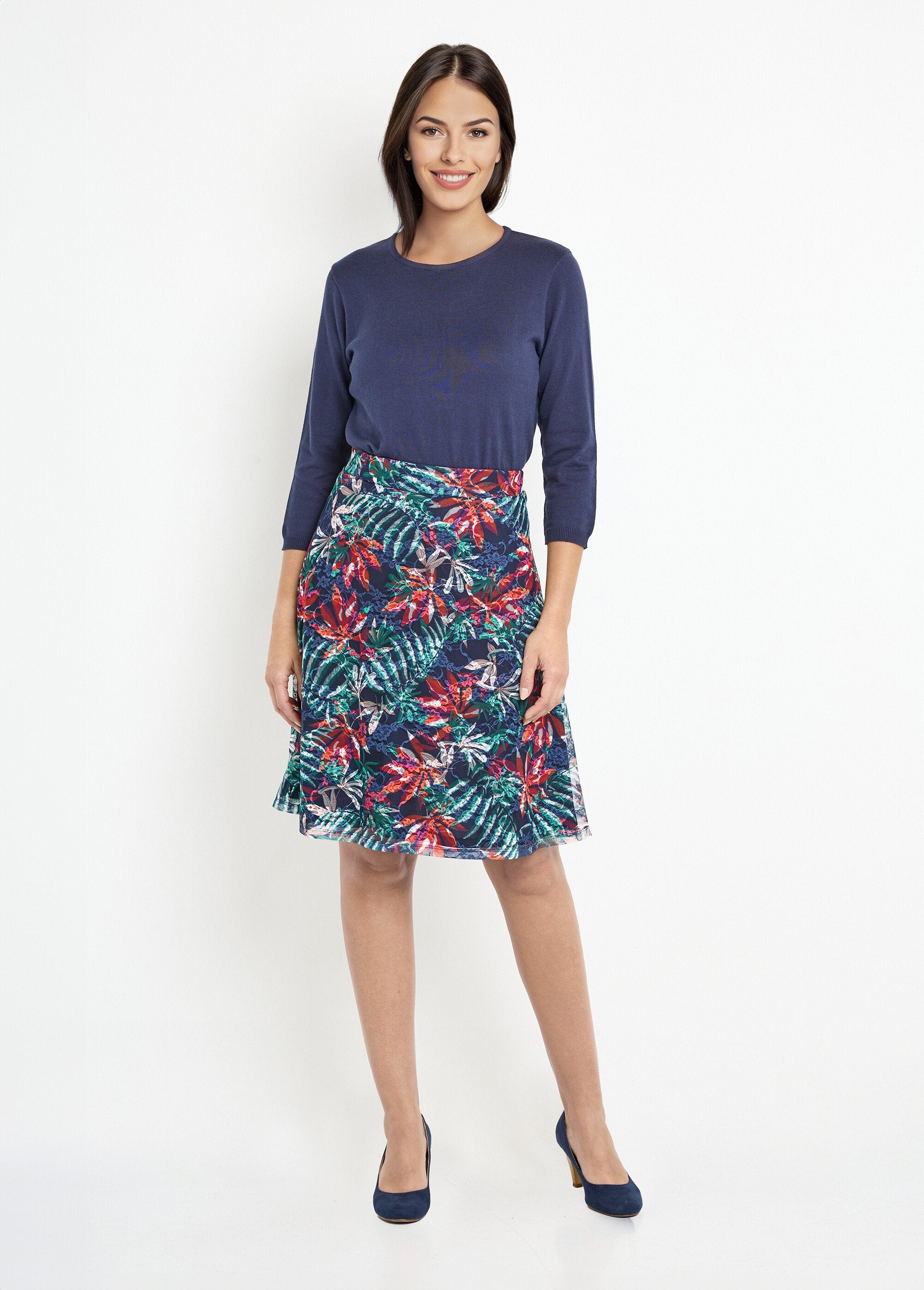 Jupe_mi-longue_évasée_maille_dentelle_imprimée_Marine_et_orange_SF1_slim