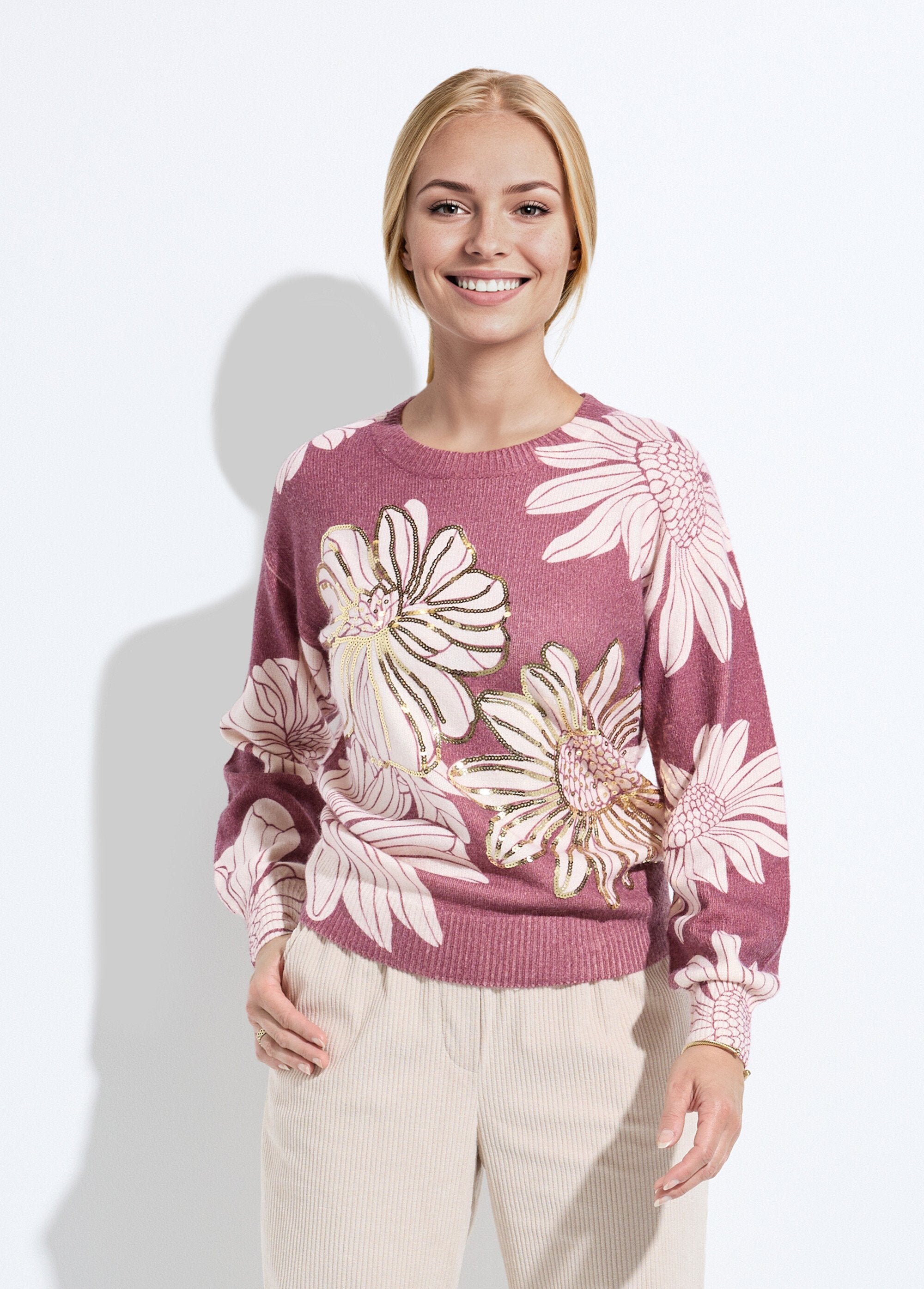 Fine_flower_print_sequin_sweater_with_round_neck_Grenat_FA1_slim
