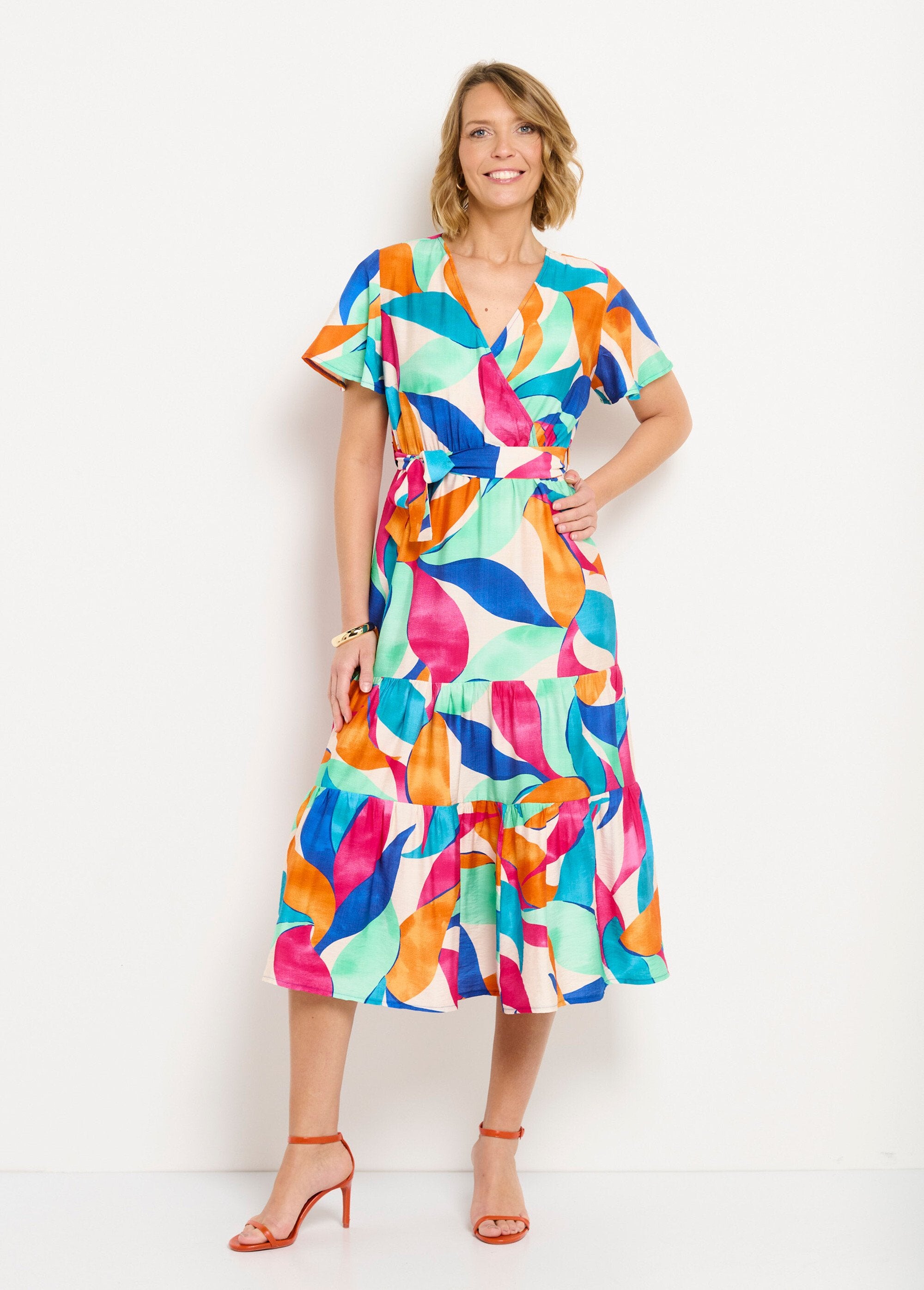 Long_wrap_dress_with_ruffles_and_short_sleeves_Orange_and_blue_FA1_slim