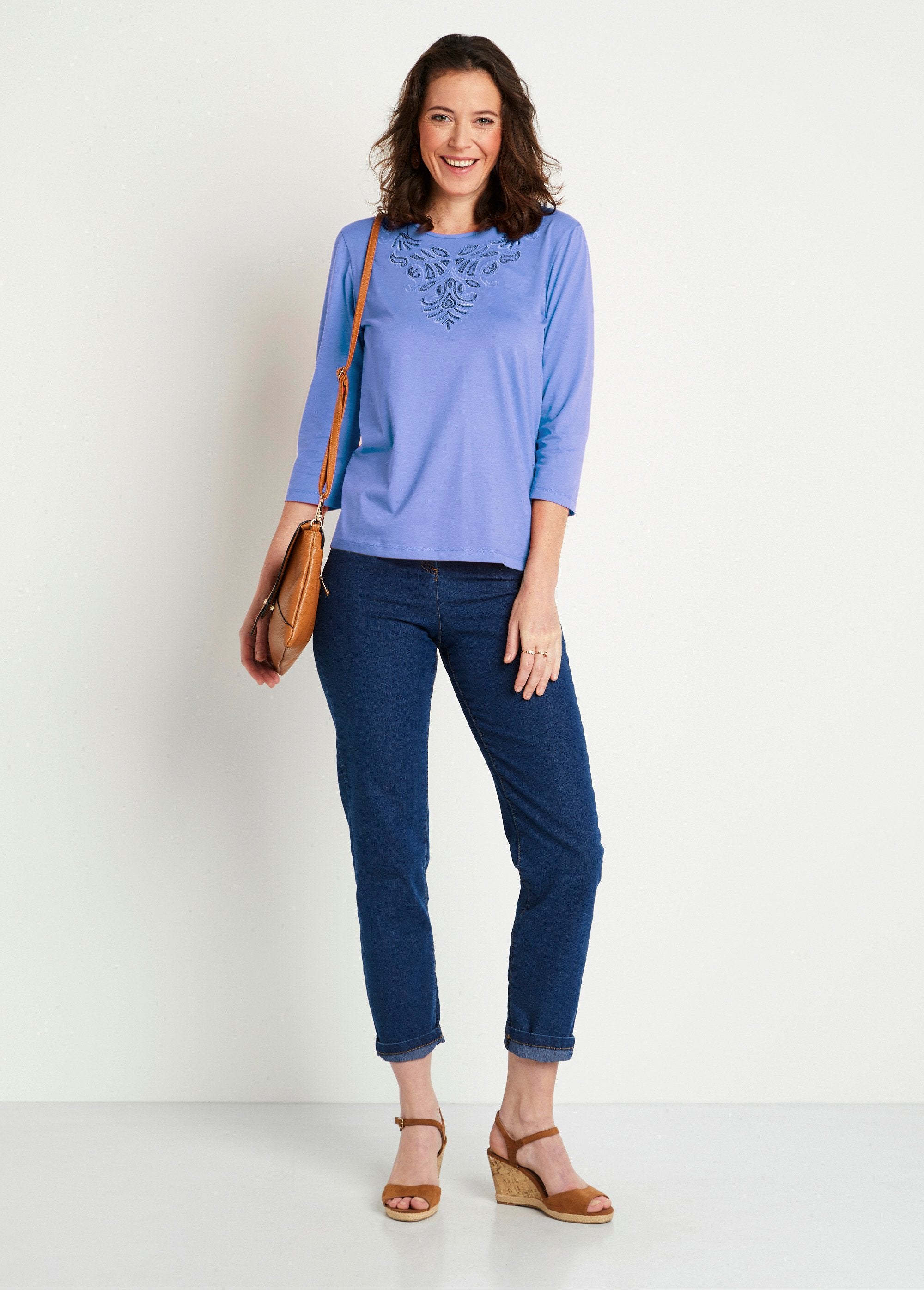 Short_embroidered_t-shirt_with_3/4_sleeves_Blue_SF1_slim