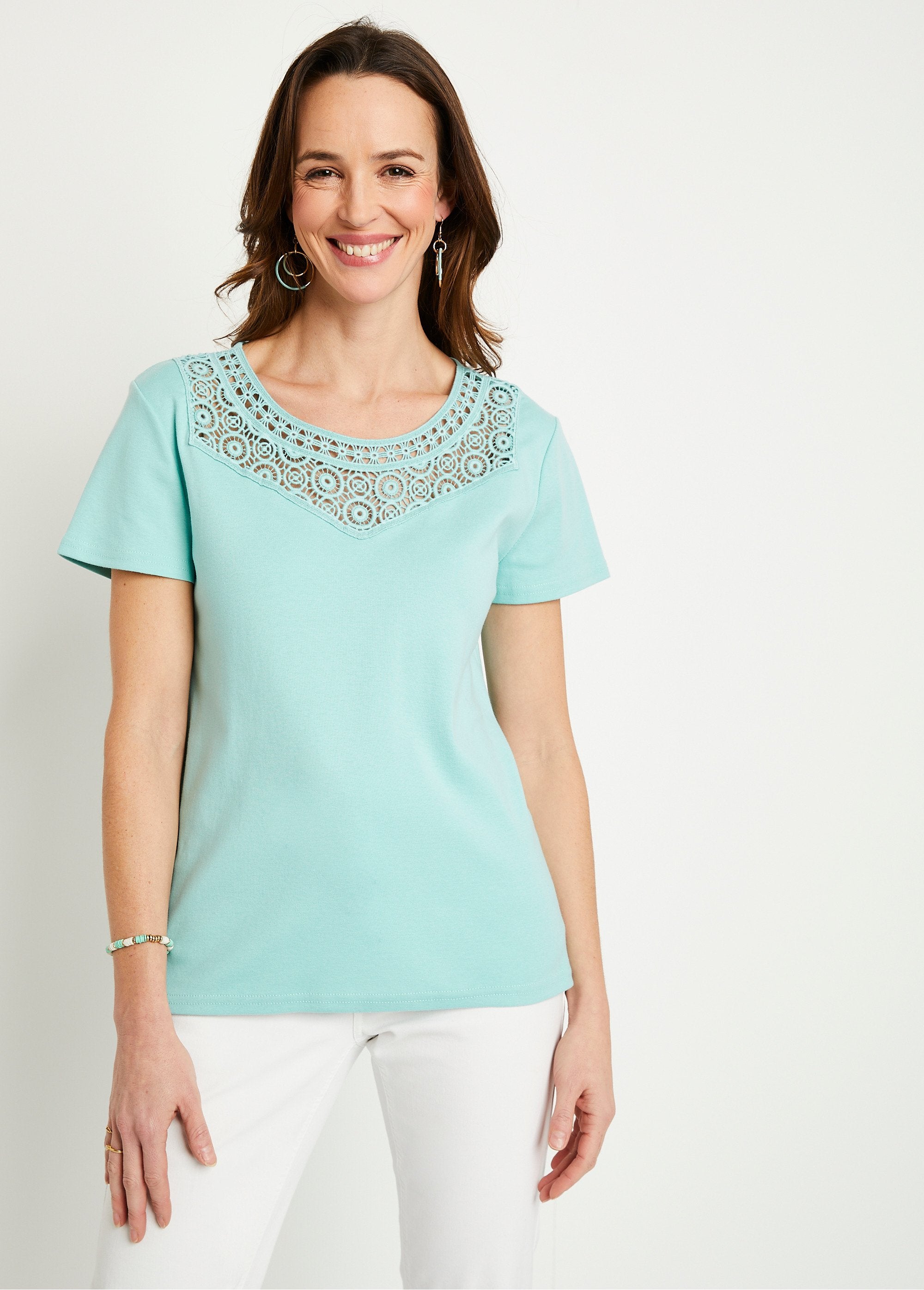 Short-sleeved_plain_cotton_macramé_t-shirt_Aqua_FA1_slim